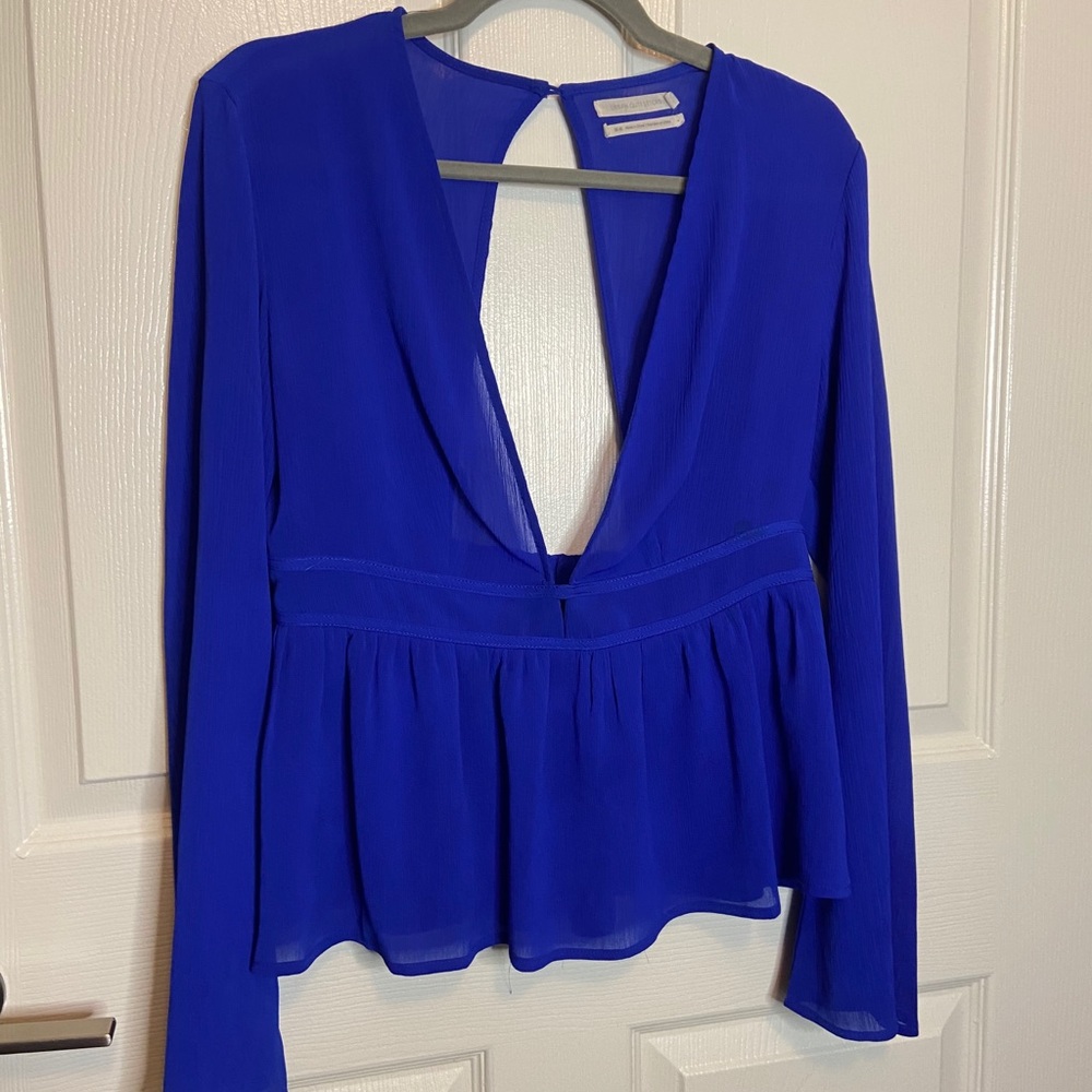 Deep V cut long sleeve deep blue shirt